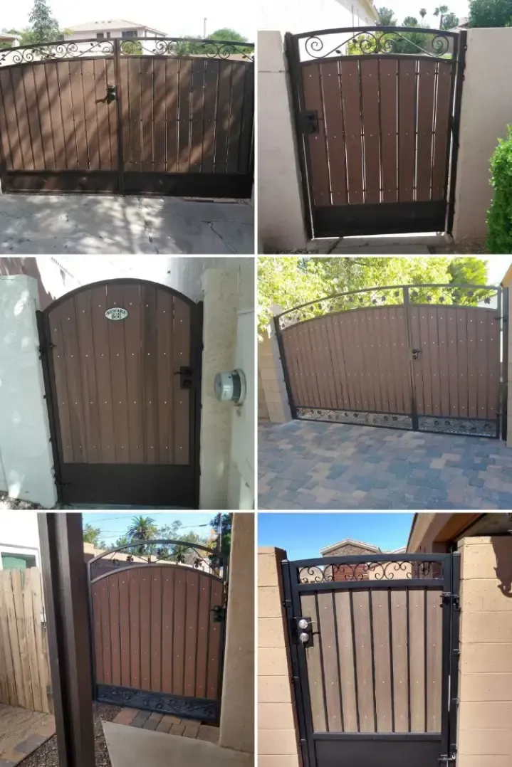 Collage of six brown metal driveway gates with arched and flat tops in outdoor residential settings