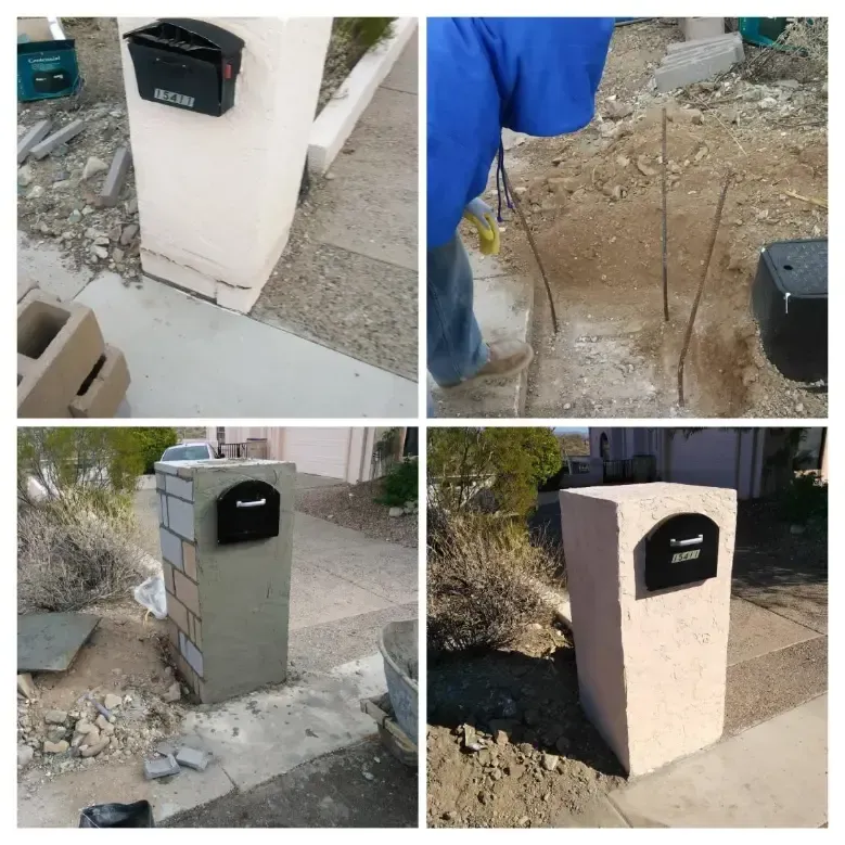 Collage of four views showing a black mailbox installed on a concrete pillar at a house entrance.