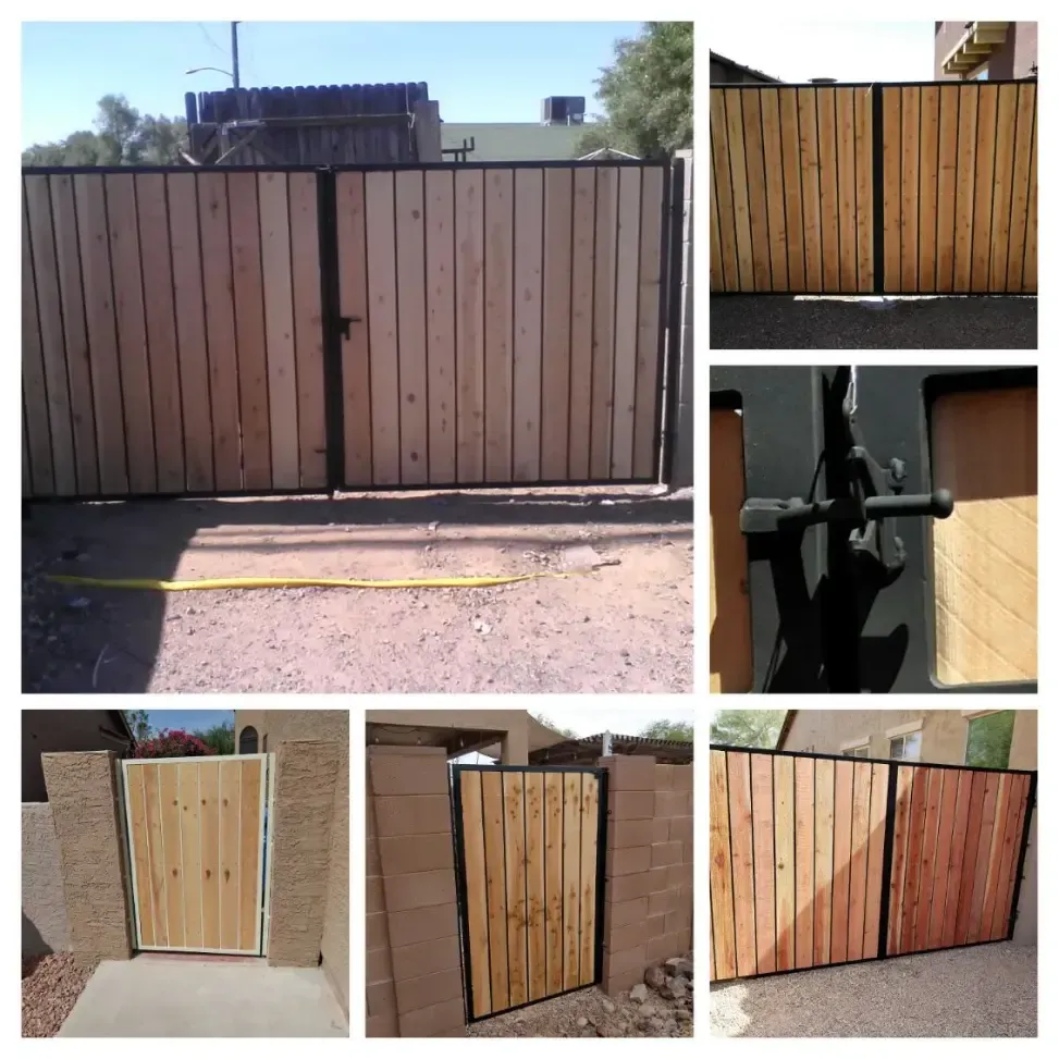 Collage of wooden double gates and close-ups of hinges and panels in outdoor settings