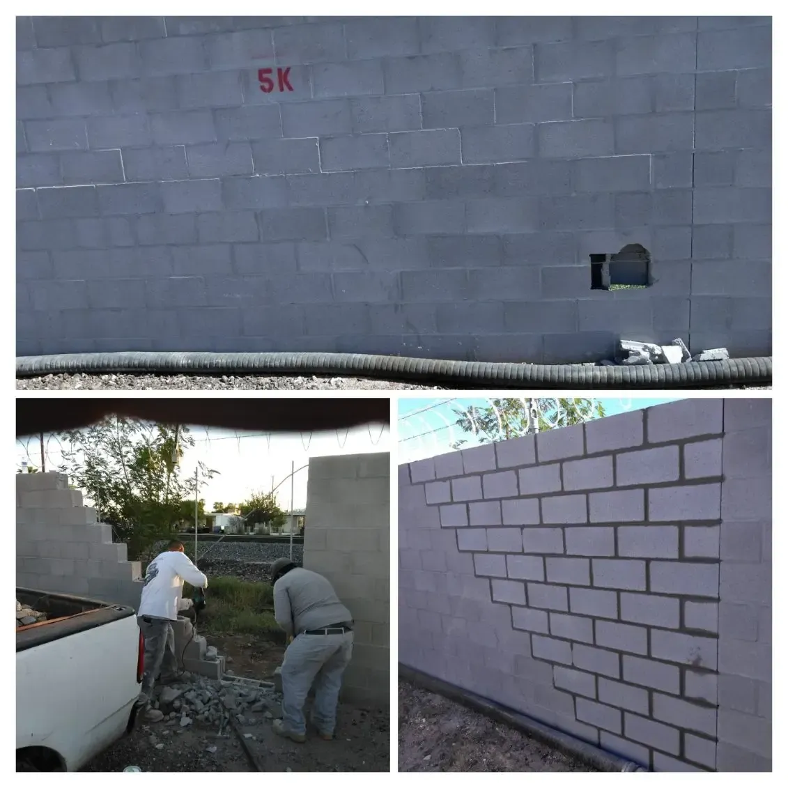 Three photos of masonry work on a gray cinder block wall, including workers laying stone.