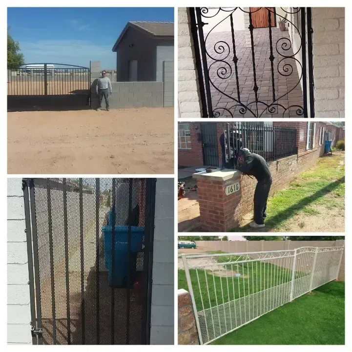 Collage of metal gates and fences, including a person at a gate and a worker fixing a fence on a sidewalk.