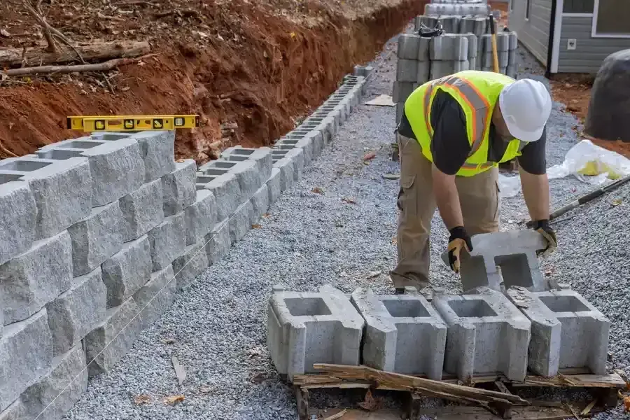 Construction worker laying gray concrete blocks along a gravel trench.