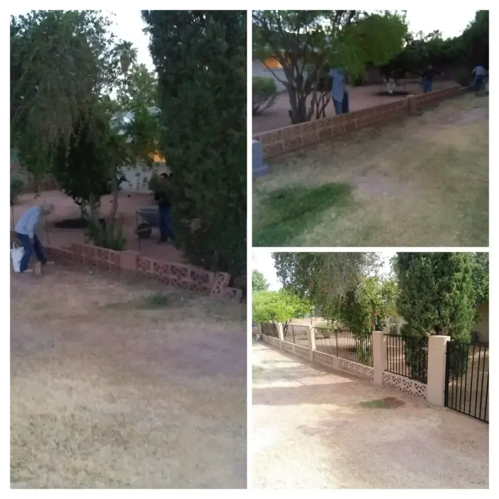 Collage of a grassy yard with trees and a low brick-and-metal fence along a walkway.