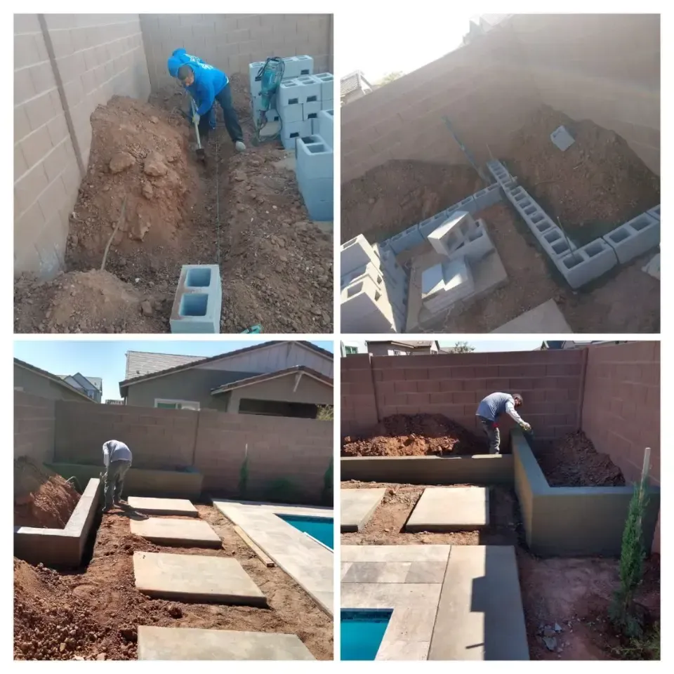 Backyard landscaping in progress, with workers building raised garden beds from cinder blocks.