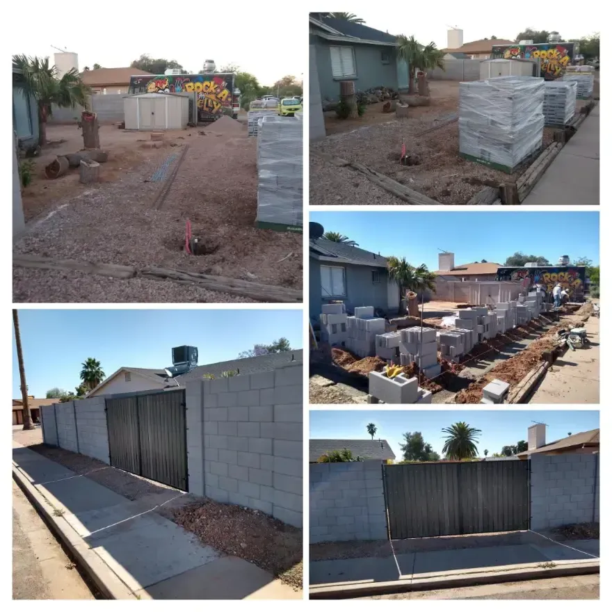 Collage of a house exterior under construction with stacked cinder blocks, gravel, and a gray metal gate.