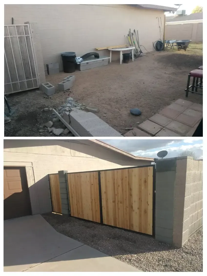 Backyard with dirt ground, patio pavers, and a newly built wooden gate along a block wall