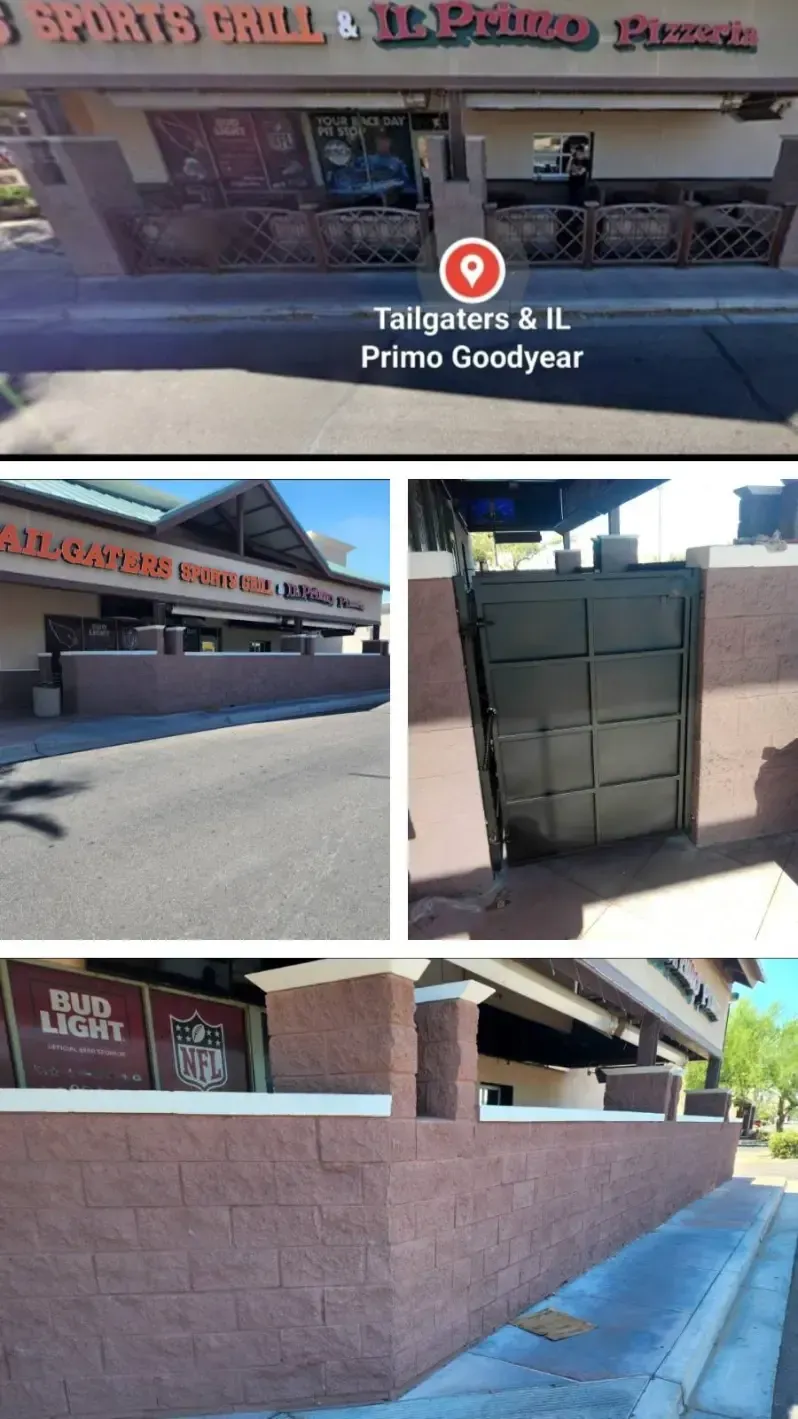 Shopping center storefronts and walkway, including a Target and other shops, with a brick wall and parked area.