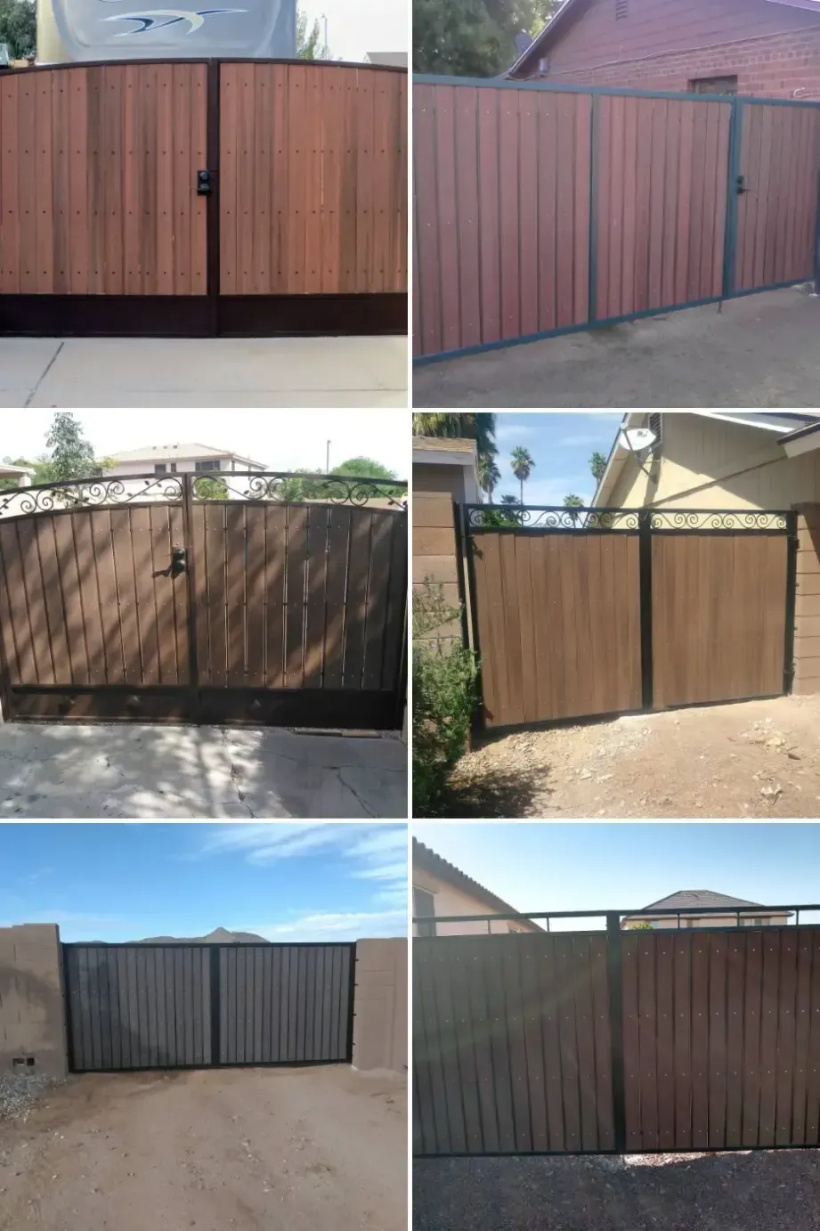 Collage of six outdoor metal driveway gates and fences in brown and black against homes and dirt roads