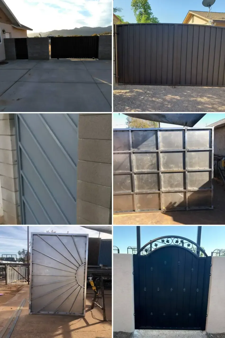 Collage of different metal driveway gates and garage doors in a residential setting