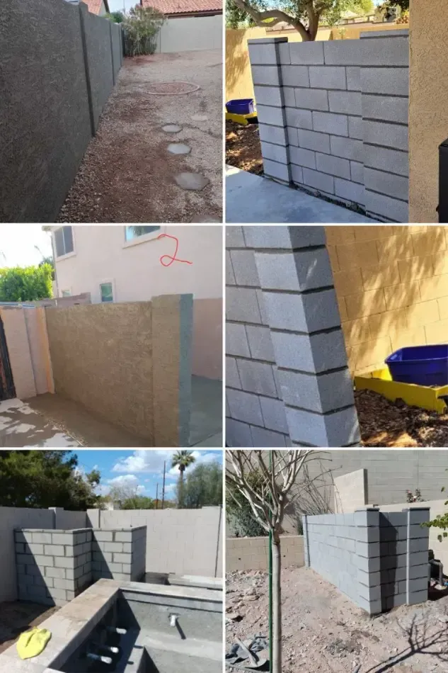 Collage of backyard wall construction with cinder blocks, stucco walls, and gravel ground around a pool area