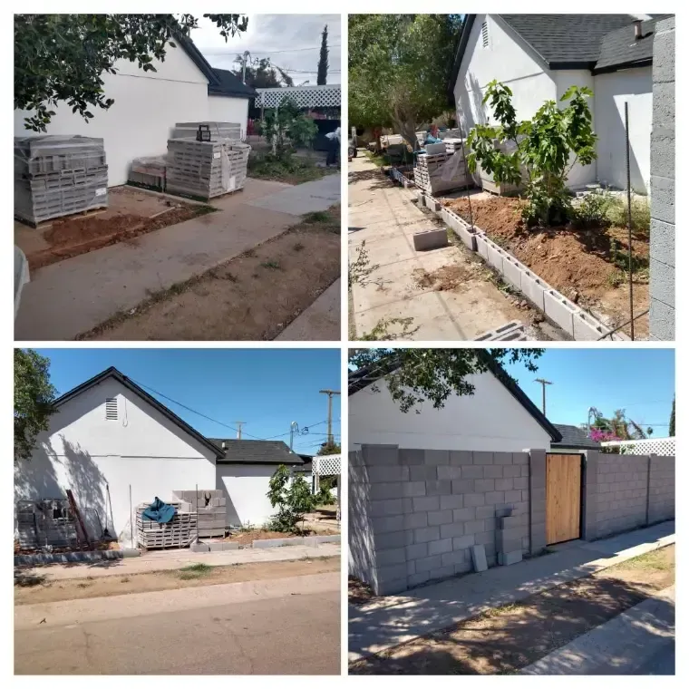 Four-panel view of a white house renovation with stacked bricks, sidewalk work, and a newly built block wall.