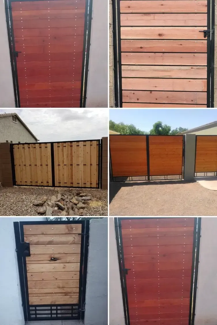 Collage of wooden gates and fence panels in red, natural wood, and orange finishes
