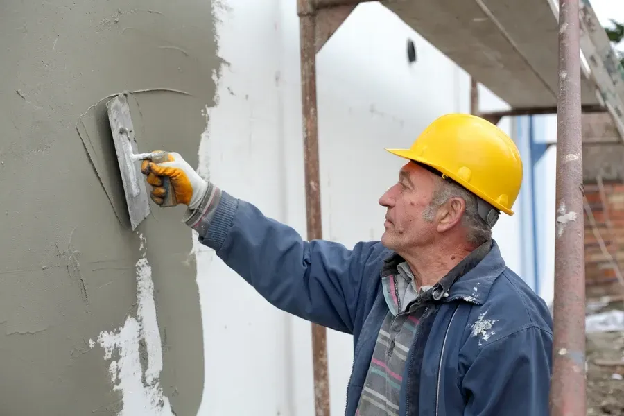 Construction worker in yellow hard hat applying plaster to a wall with a trowel.