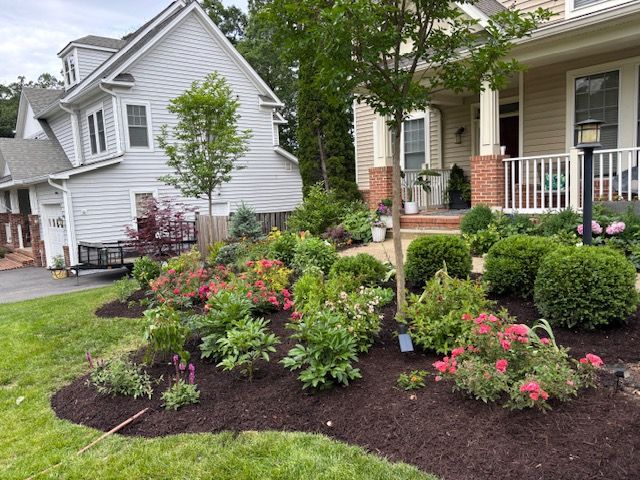 A flower bed with shrubs and a small tree in front of a light-colored two-story suburban house.