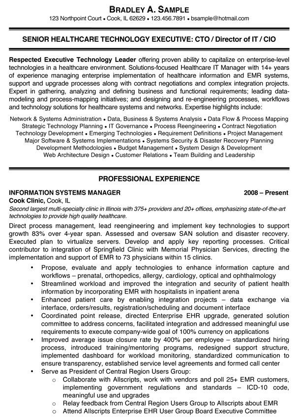 A resume for a senior healthcare technology executive.