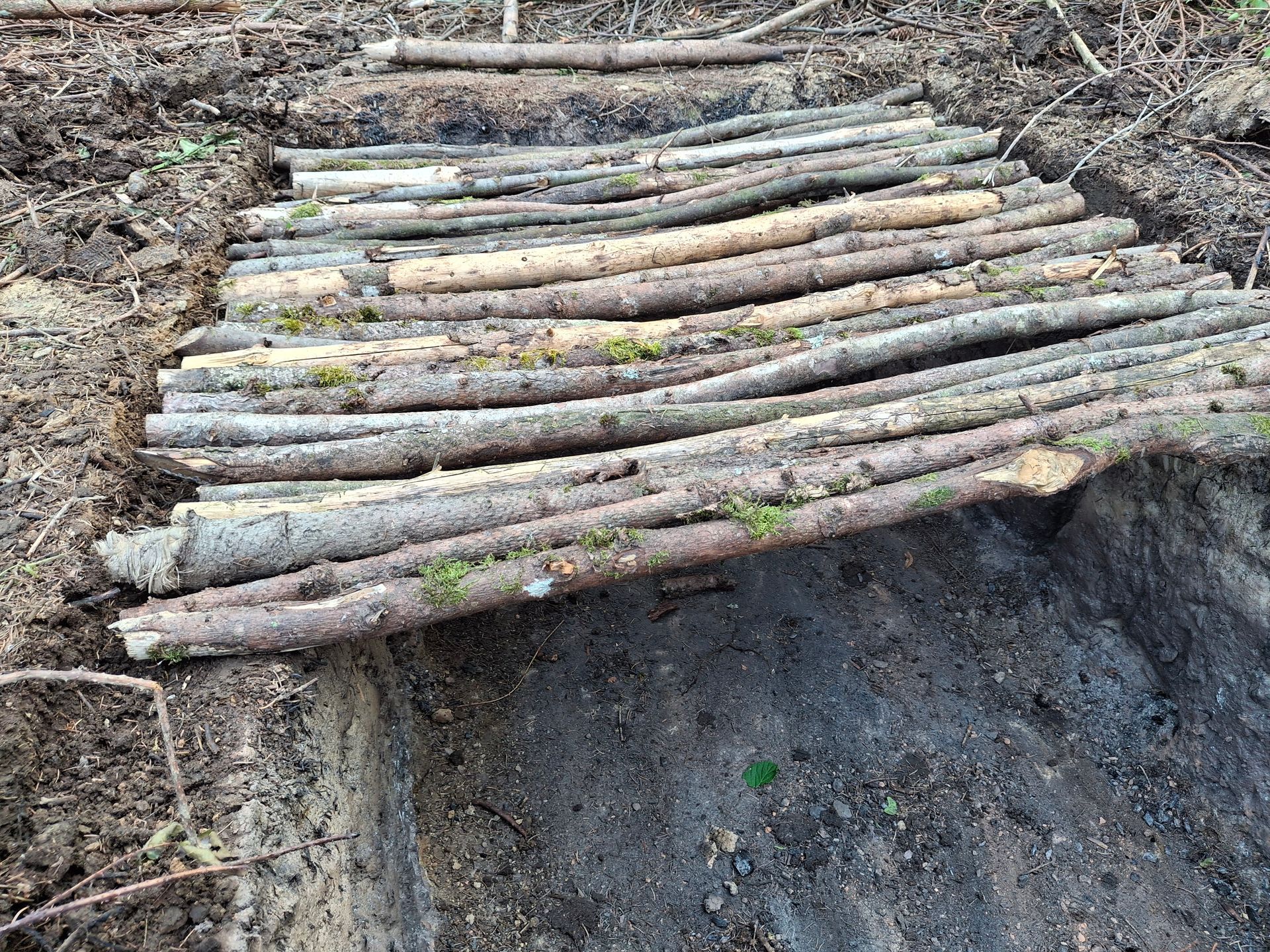 Kleine Brücke aus Baumstämmen überspannt einen flachen Graben im Erdreich.