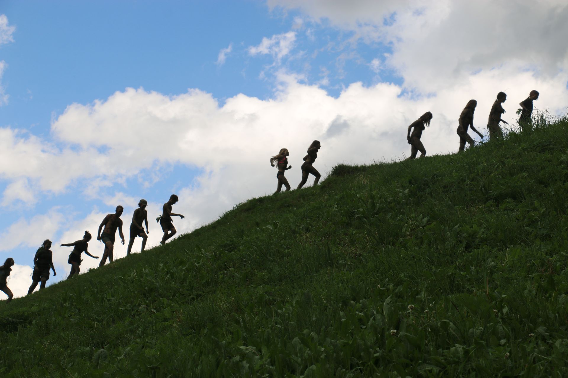Silhouetten von Gestalten, die unter einem bewölkten Himmel einen grasbewachsenen Hügel hinaufsteigen.
