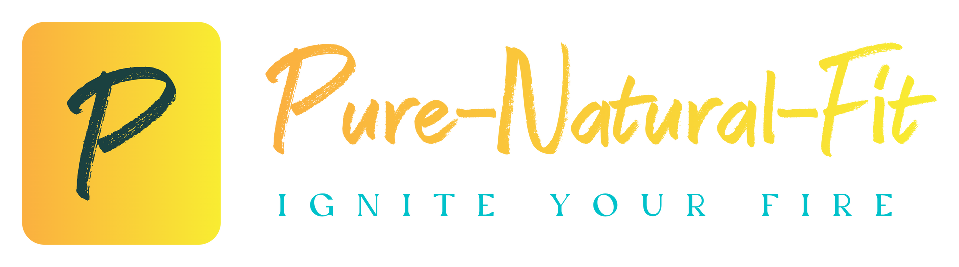 Logo für Pure-Natural-Fit mit einem gelben quadratischen „P“ und gelbem Schriftzug, dem Slogan „Ignite Your Fire“.