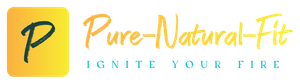 Logo für Pure-Natural-Fit mit einem gelben quadratischen „P“ und gelbem Schriftzug, dem Slogan „Ignite Your Fire“.