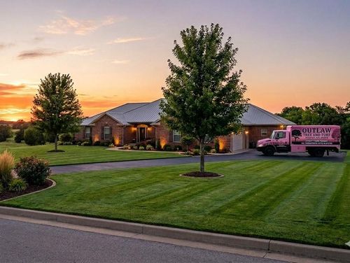 A sunset view of a brick house with a manicured lawn and a parked pink service truck.