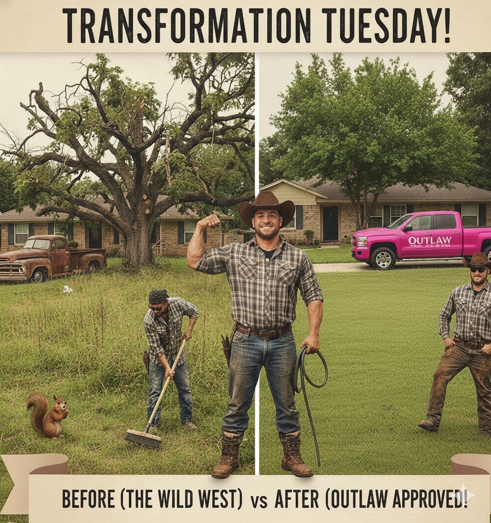 Split screen showing a messy lawn with an old truck and squirrel versus a neat lawn with a pink truck and three workers.