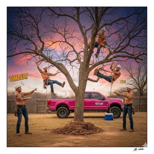 Multiple shirtless men in hard hats pose around a pink truck and a tree, with some suspended from ropes in the branches.