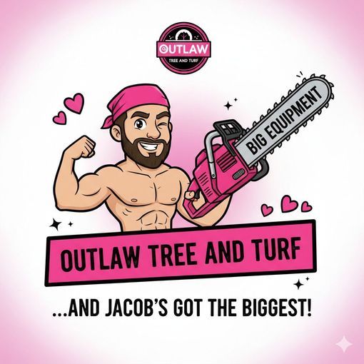 Cartoon of a smiling, flexing man in a pink bandana holding a chainsaw labeled