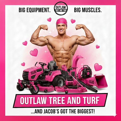 A muscular person wearing a pink bandana flexes behind pink lawn equipment for an Outlaw Tree and Turf advertisement.
