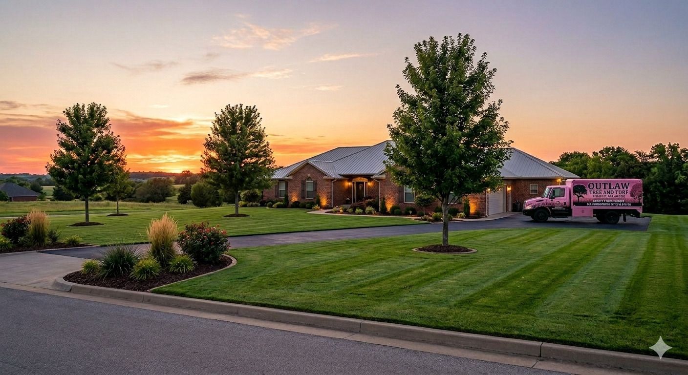 A sunset scene of a brick house with a green lawn and a pink ice cream truck parked in the driveway.