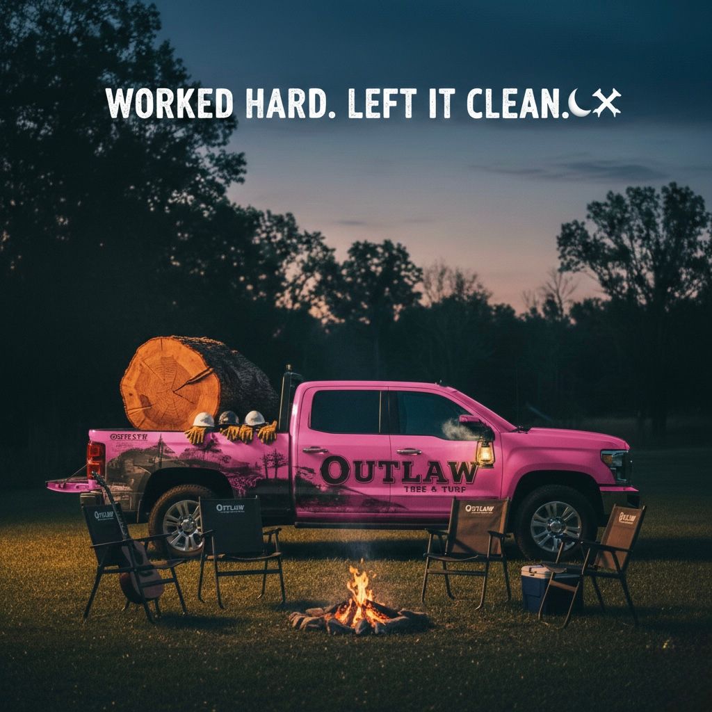 A bright pink pickup truck loaded with a large log is parked near a campfire at dusk, with text saying Worked Hard. Left.