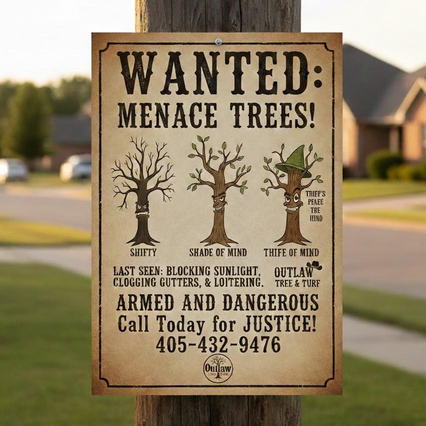 A "Wanted" poster on a wooden post features three cartoon trees, humorous text about "menace trees," and a phone number.
