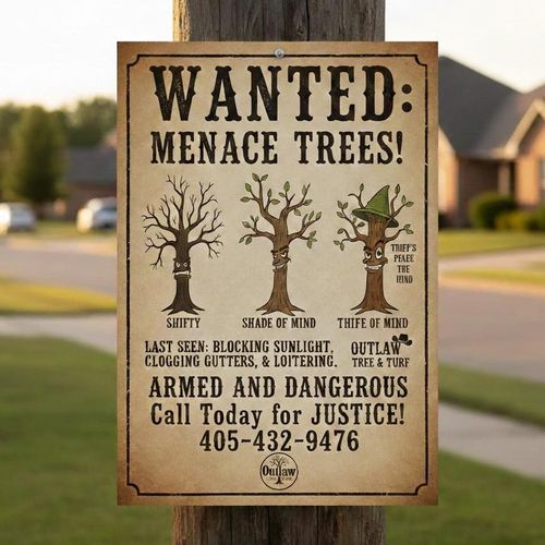 A "Wanted" poster on a wooden post features three cartoon trees, humorous text about "menace trees," and a phone number.