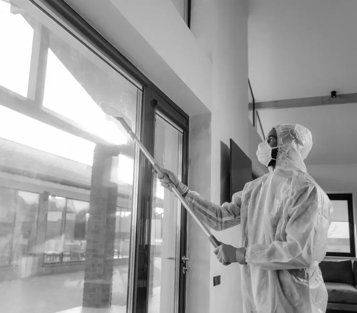 A person in a protective white coverall and face mask uses a long-handled tool to disinfect a large window in a living room.