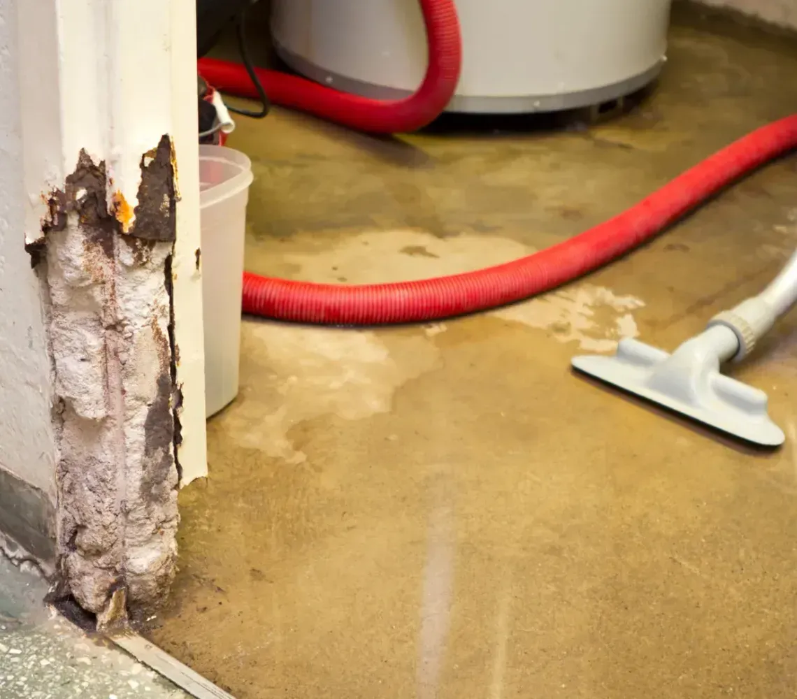 Water-damaged drywall at the base of a doorway next to a wet concrete floor and a vacuum hose in a utility room.