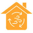 An orange house icon featuring a circular arrow symbol and three wavy lines representing indoor air circulation.