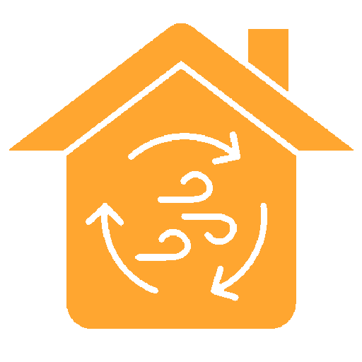 An orange house icon featuring a circular arrow symbol and three wavy lines representing indoor air circulation.