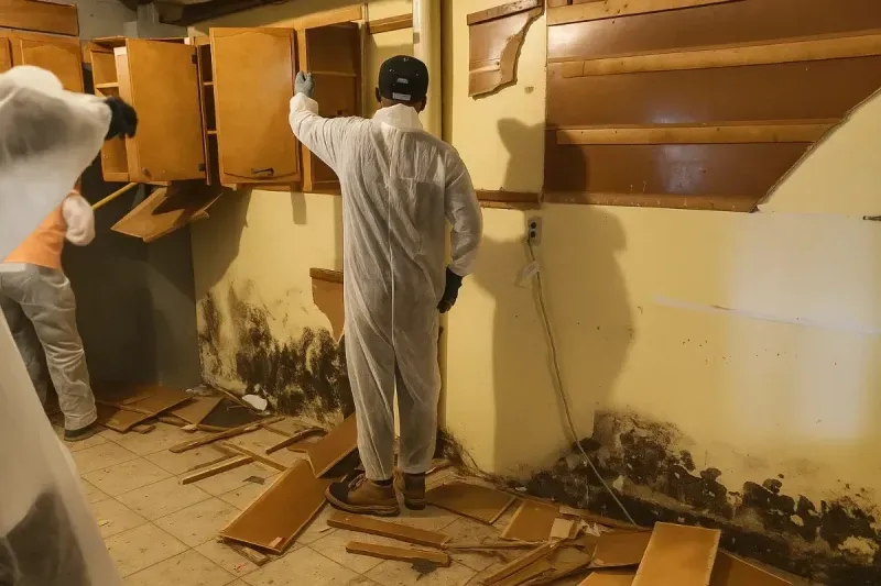 A person in a white hazmat suit and blue gloves uses a spray bottle to clean a dark kitchen countertop.