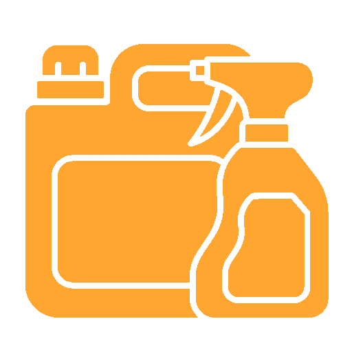 An orange icon featuring a large jug and a spray bottle, representing cleaning supplies.