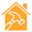A white line-art icon of a hammer centered inside a yellow house silhouette.
