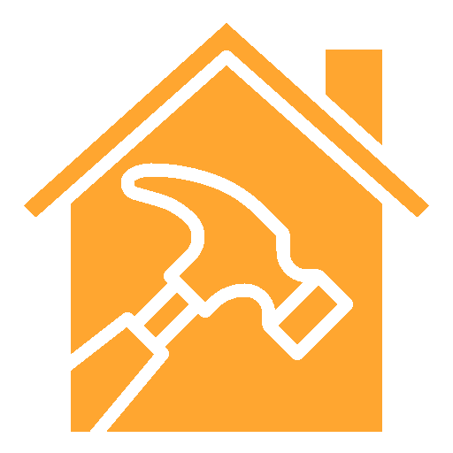 A white line-art icon of a hammer centered inside a yellow house silhouette.