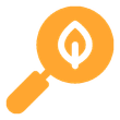 An orange circular icon showing a magnifying glass containing a white leaf silhouette.