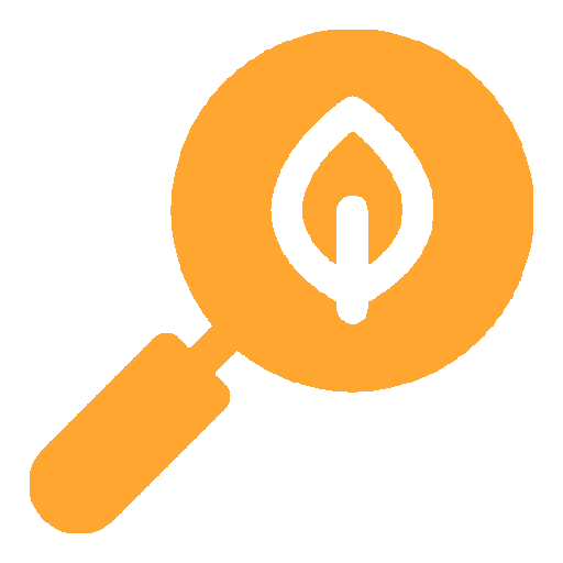 An orange circular icon showing a magnifying glass containing a white leaf silhouette.