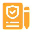 An orange icon of a document with a shield and checkmark symbol next to a pencil.
