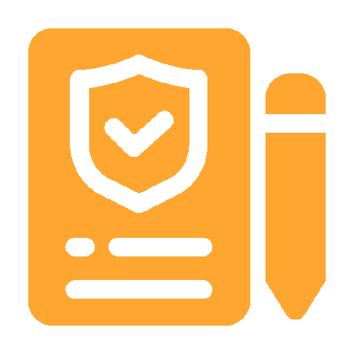 An orange icon of a document with a shield and checkmark symbol next to a pencil.