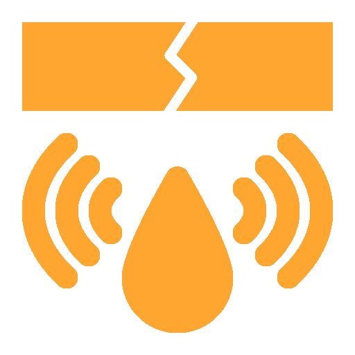 An orange icon depicting a cracked horizontal bar above a water drop surrounded by outward-radiating sound waves.