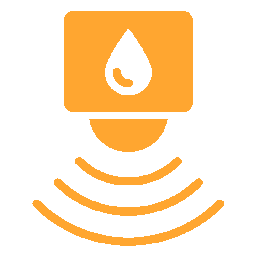 An orange icon featuring a water drop inside a box above a semi-circle with radiating lines representing a sensor.