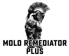Logo for Mold Remediator Plus featuring a gritty, monochromatic image of a Spartan warrior in profile.