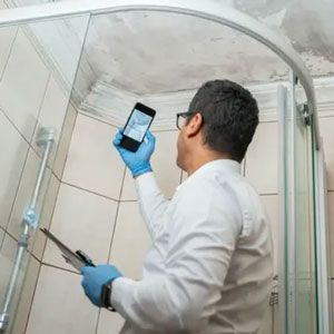 A person in a white shirt and blue gloves holds a phone up to photograph water damage on a tiled shower ceiling.