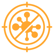 An orange icon of a virus centered in a target crosshair with a diagonal line striking through it.