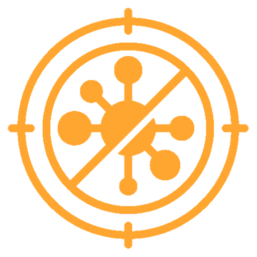 An orange icon of a virus centered in a target crosshair with a diagonal line striking through it.